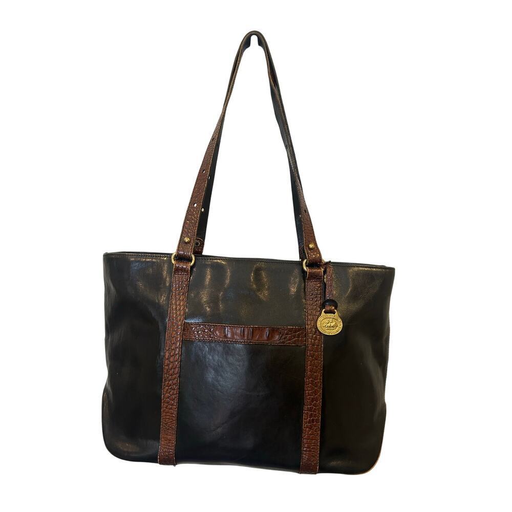 Brahmin Vintage Black/Pecan Crocodile Leather Trim Shoulder Tote Purse